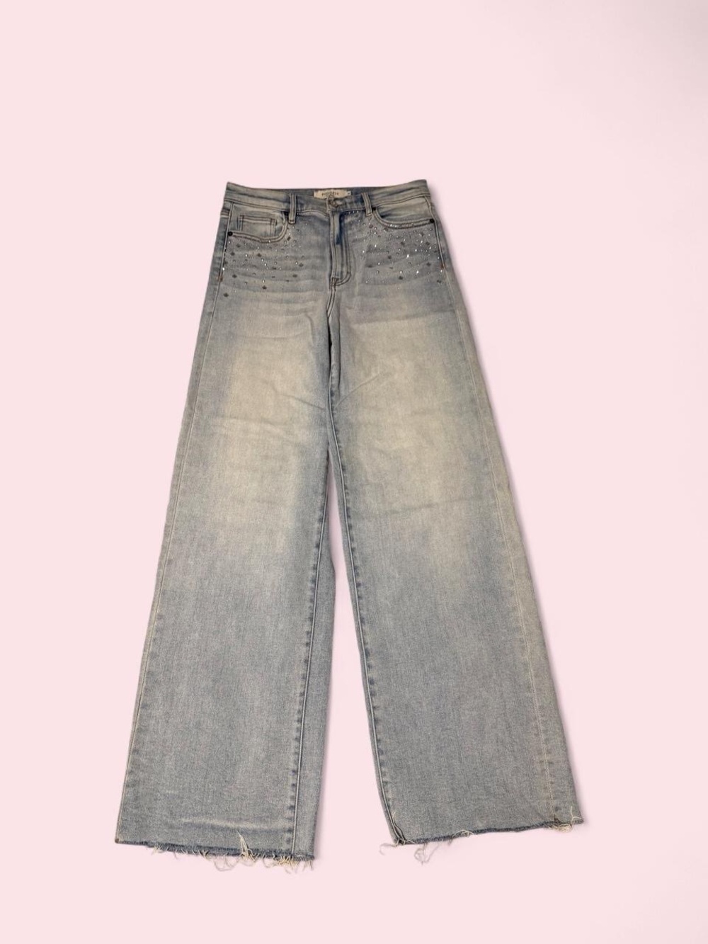 Light Blue Wide-Leg Jeans with Stud Accent